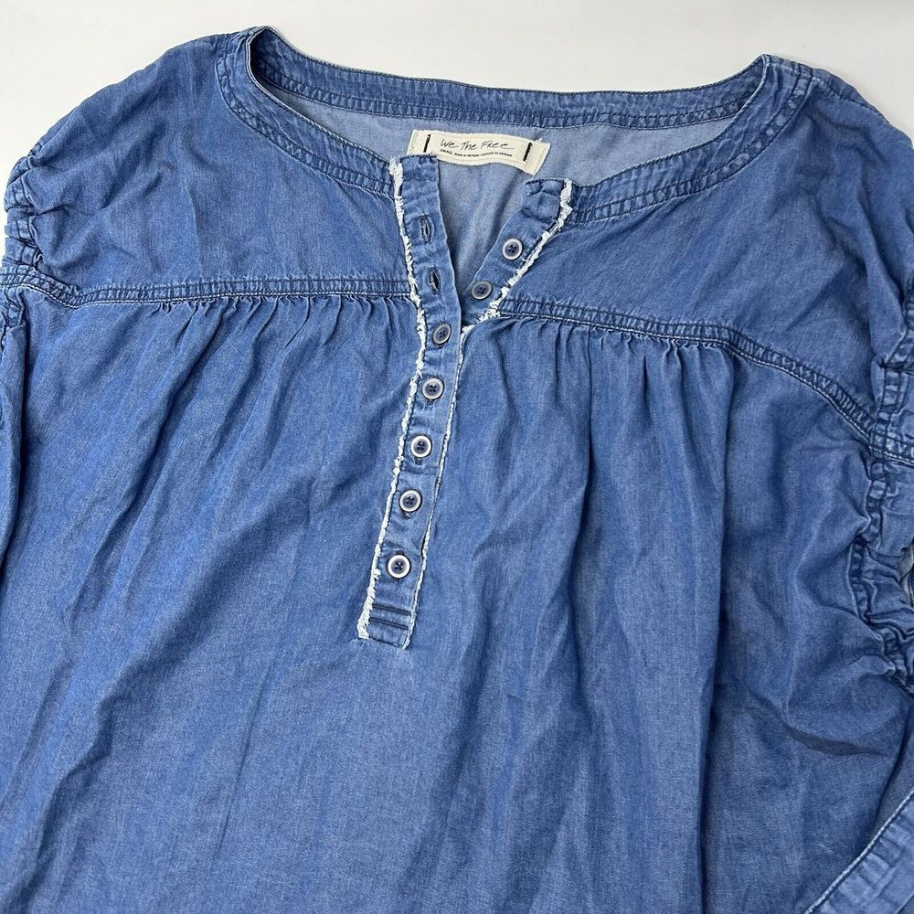 Free People Summer Love Oversized Loose Top Indigo Denim Blue Blouse Size‎ Small